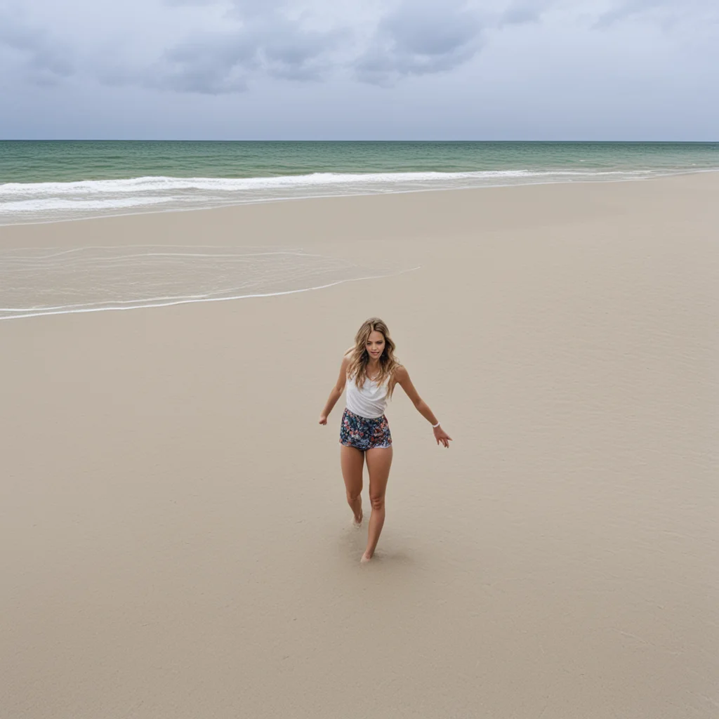 aidromerige frans meisje poseert uitdagend op een verlaten mistig strandje