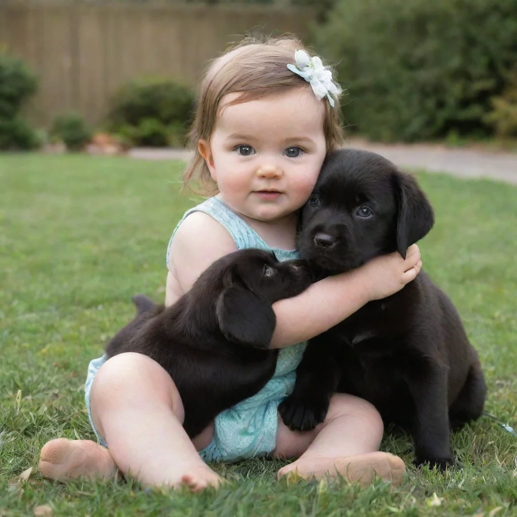 aidusky 6 months old baby girl with brown straight hair and green eyes playing with her black labrador pup