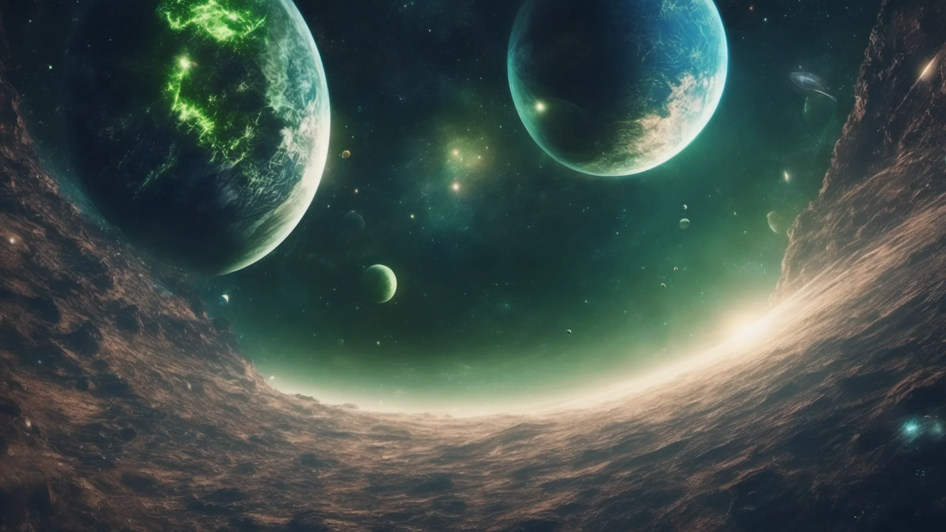 aiearthlike green blue circling two planets in space%2C half nighttime with lights from cities and life on both planets%2C star system visible in stars%2C amazing cinematic realistic fantasy wide