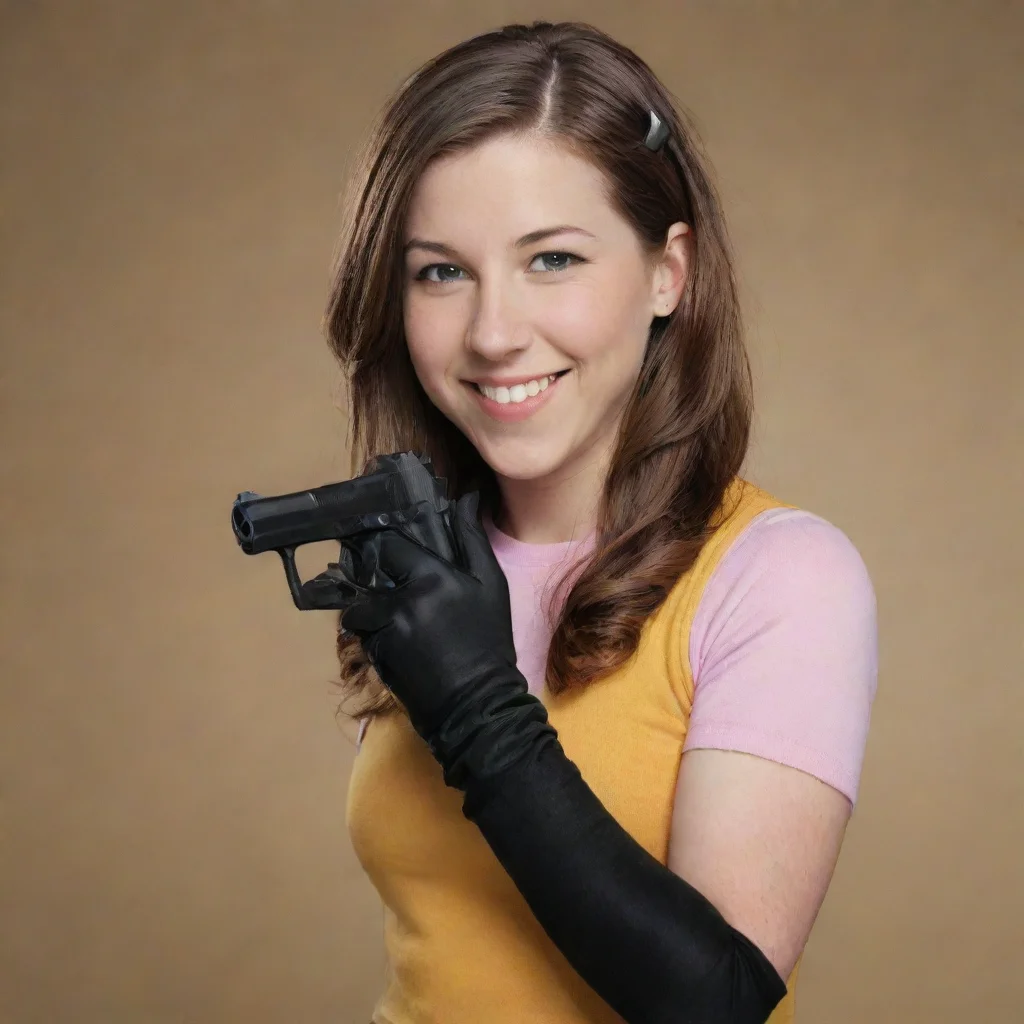 eden sher as sue heck from the middle smiling with black gloves and gun 