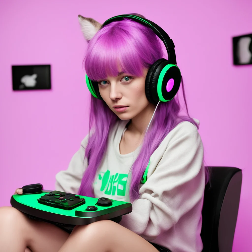 egirl with cat headphones on playing on a game console