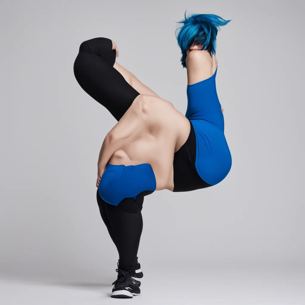 aieine frau mit blauen haaren und blase haut. die frau soll ein schwarzes bauchfreies oberteil%2C eine schwarze jogginghose und wei%C3%9Fe socken tragen feminine amazing awesome portrait 2