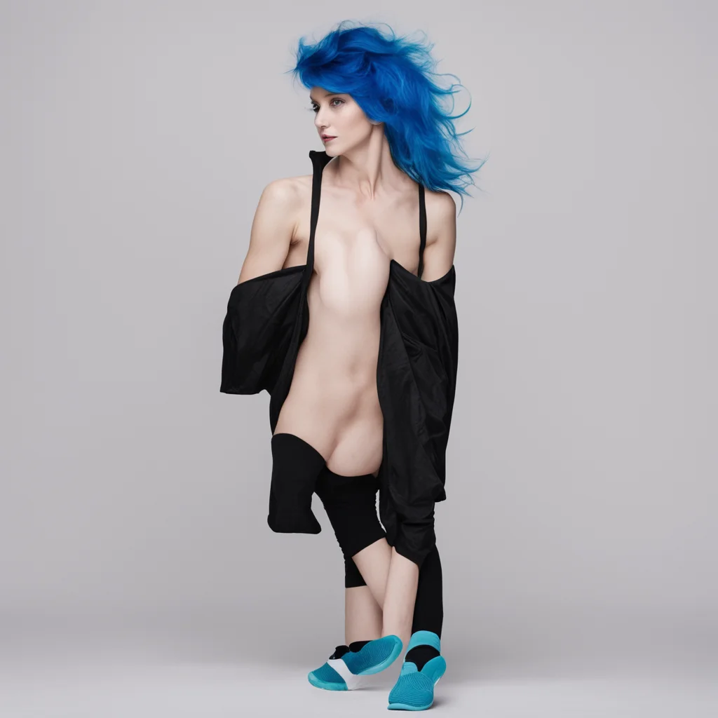 aieine frau mit blauen haaren und blase haut. die frau soll ein schwarzes bauchfreies oberteil%2C eine schwarze jogginghose und wei%C3%9Fe socken tragen feminine