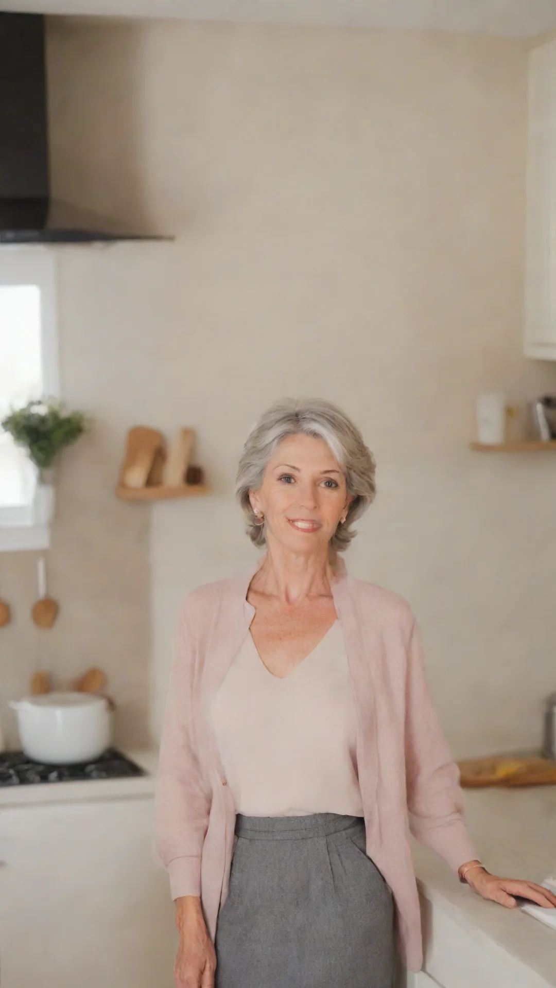 aielegant mature woman standing in the kitchen tall