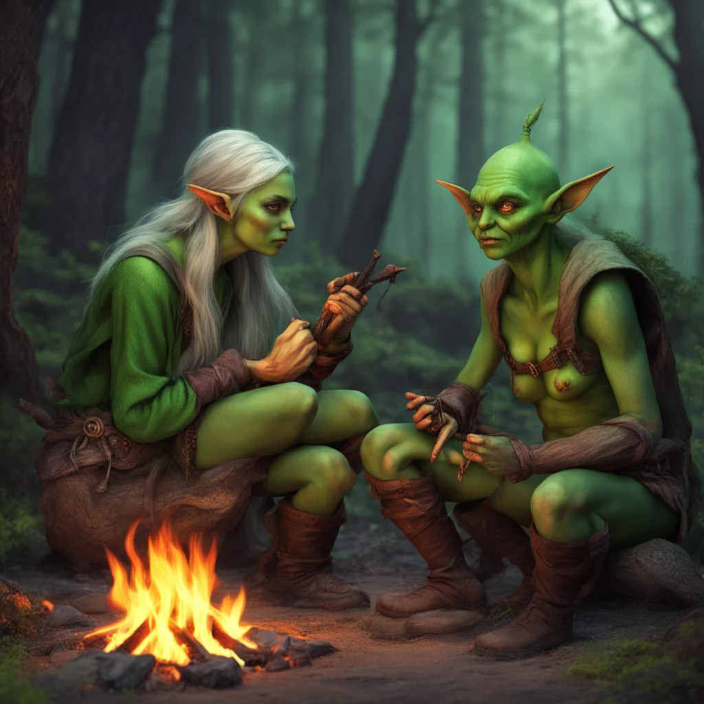 elf female flirting with a goblin on campfire confident engaging wow artstation art 3