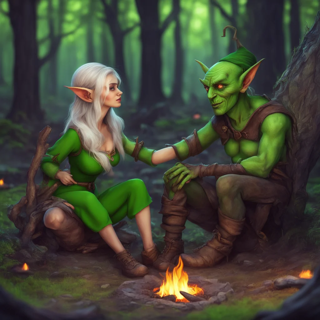 aielf female flirting with a goblin on campfire