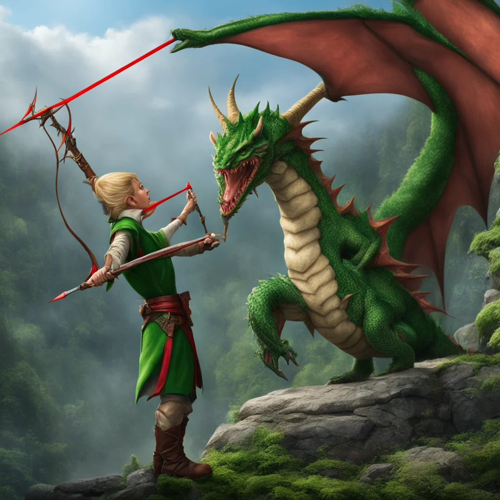 aielf shooting arrow at dragon.