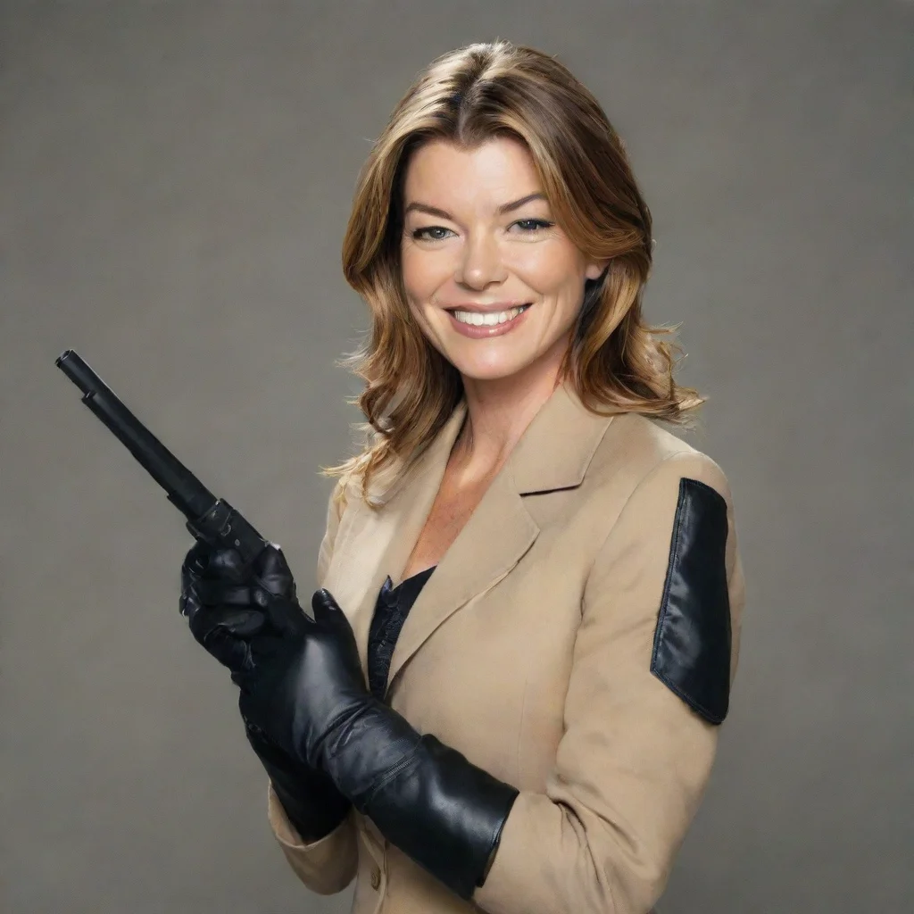 aiellen pompeo as dr.meredith grey from grey%27s anatomy smiling with black gloves and gun