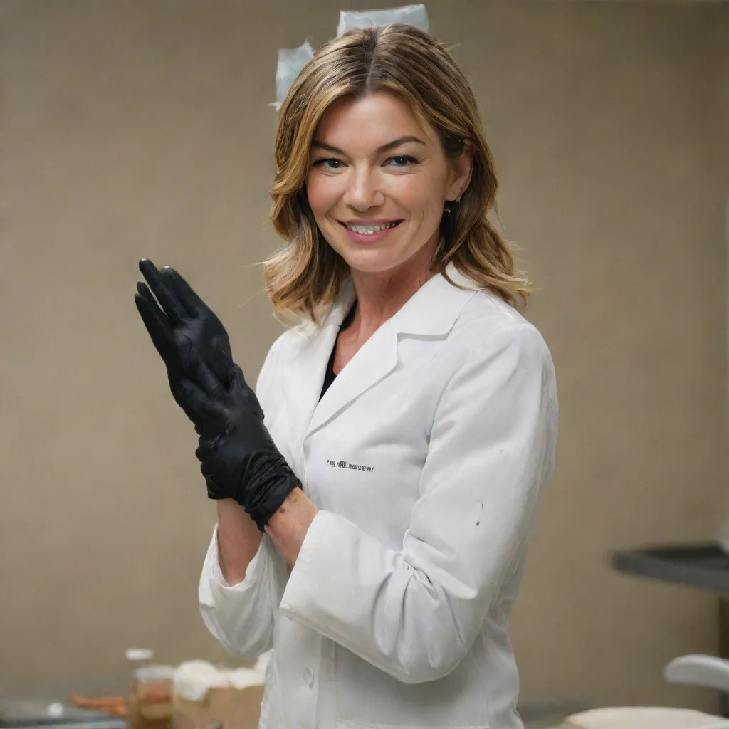 aiellen pompeo as meredith grey from grey%27s anatomy smiling with black deluxe nitrile  gloves and gun and mayonnaise splattered everywhere
