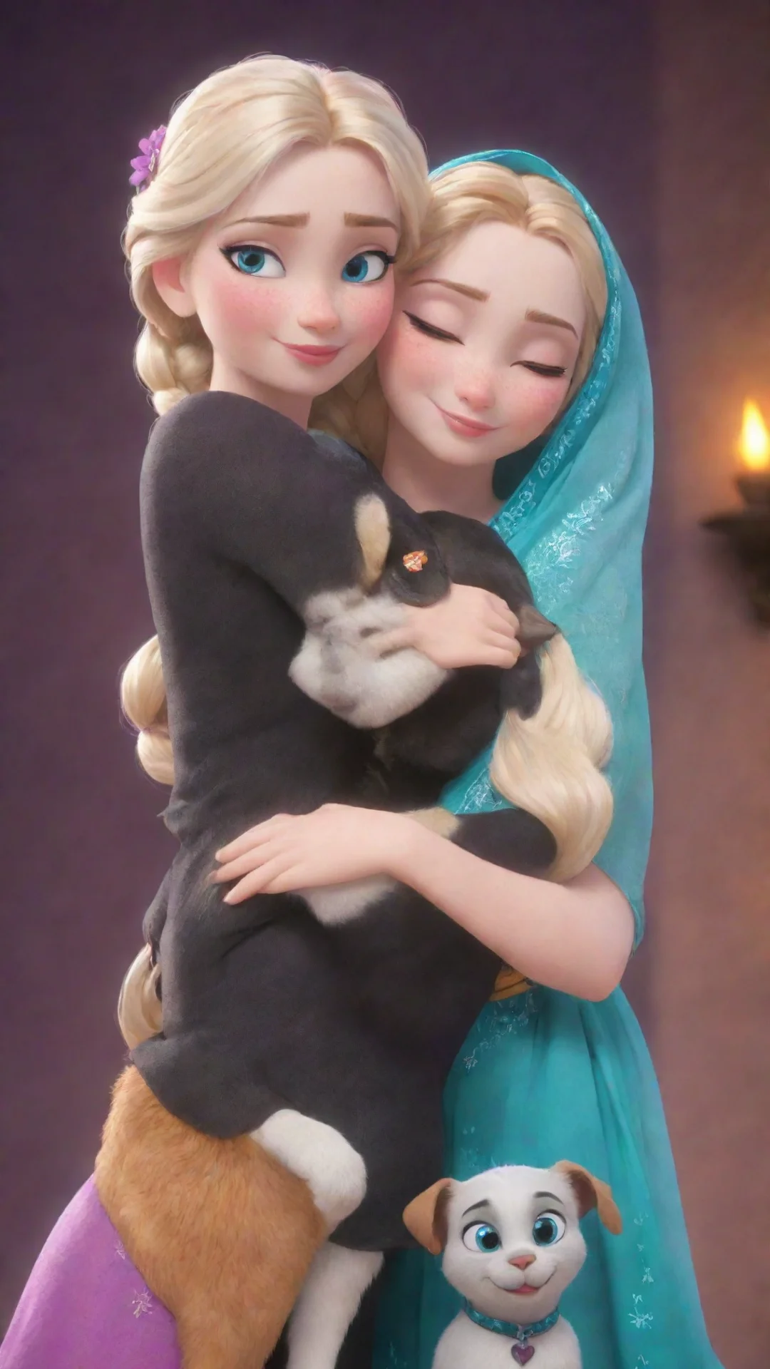 aielsa and anna frozen saree indian hugs with her dog beagle and cat noir black together smile  tall