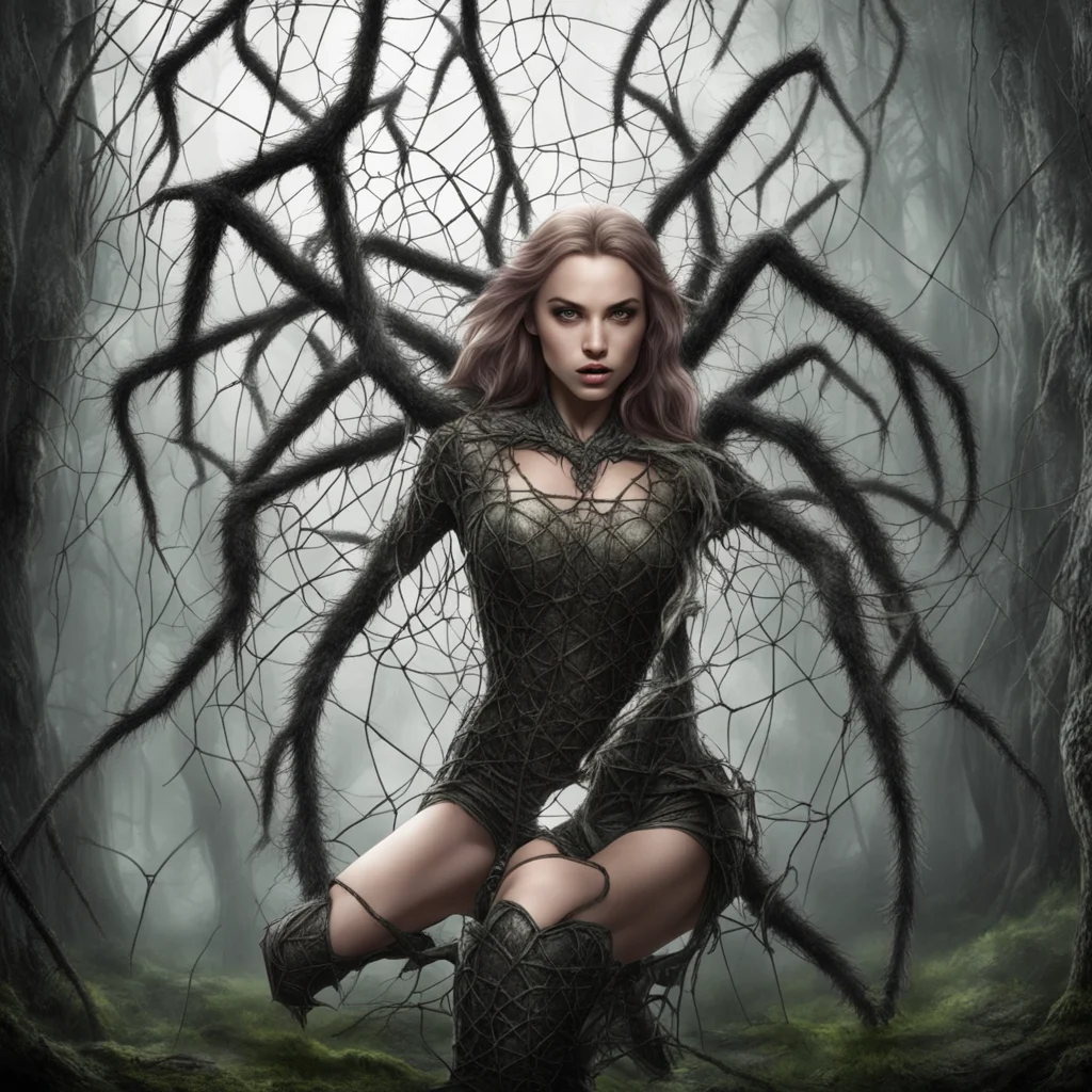 elven female warrior entangled in giant spiders net