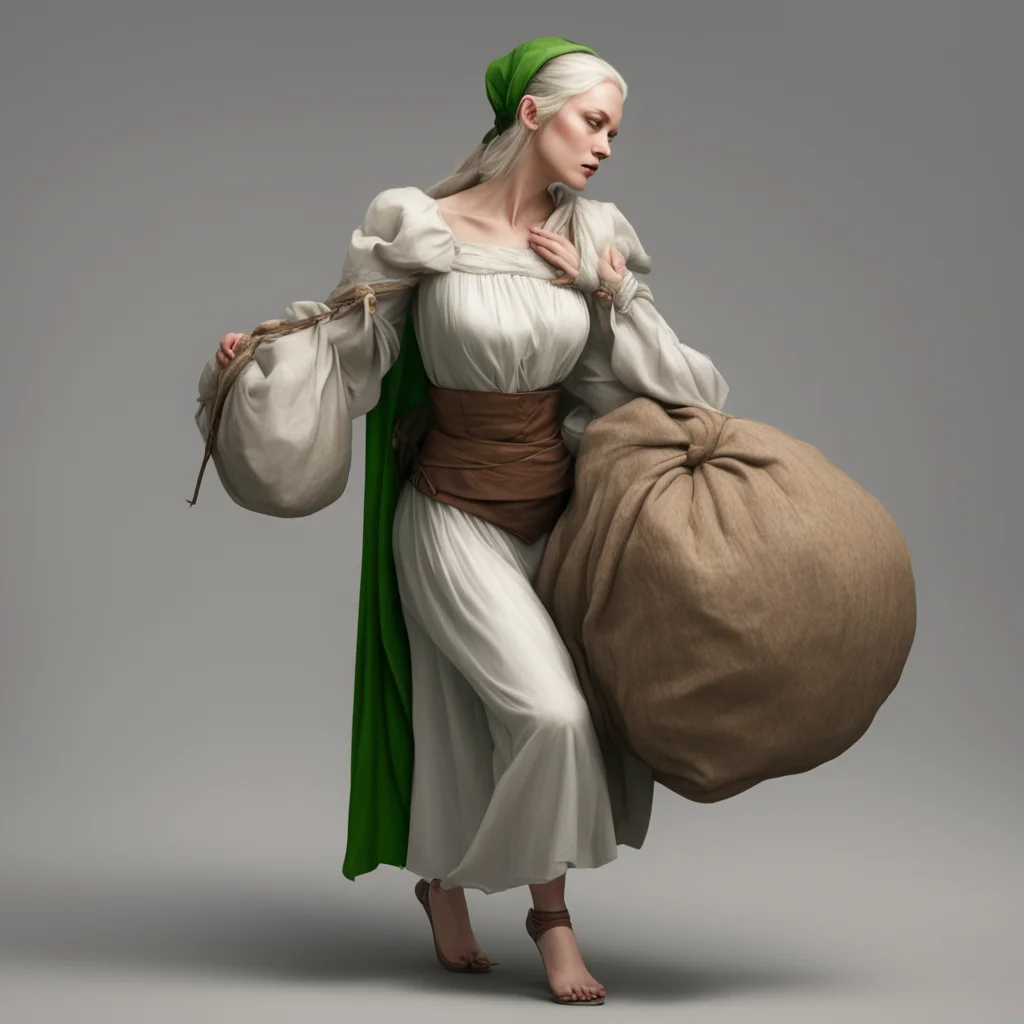 elven maid struggles to carry too heavy sack