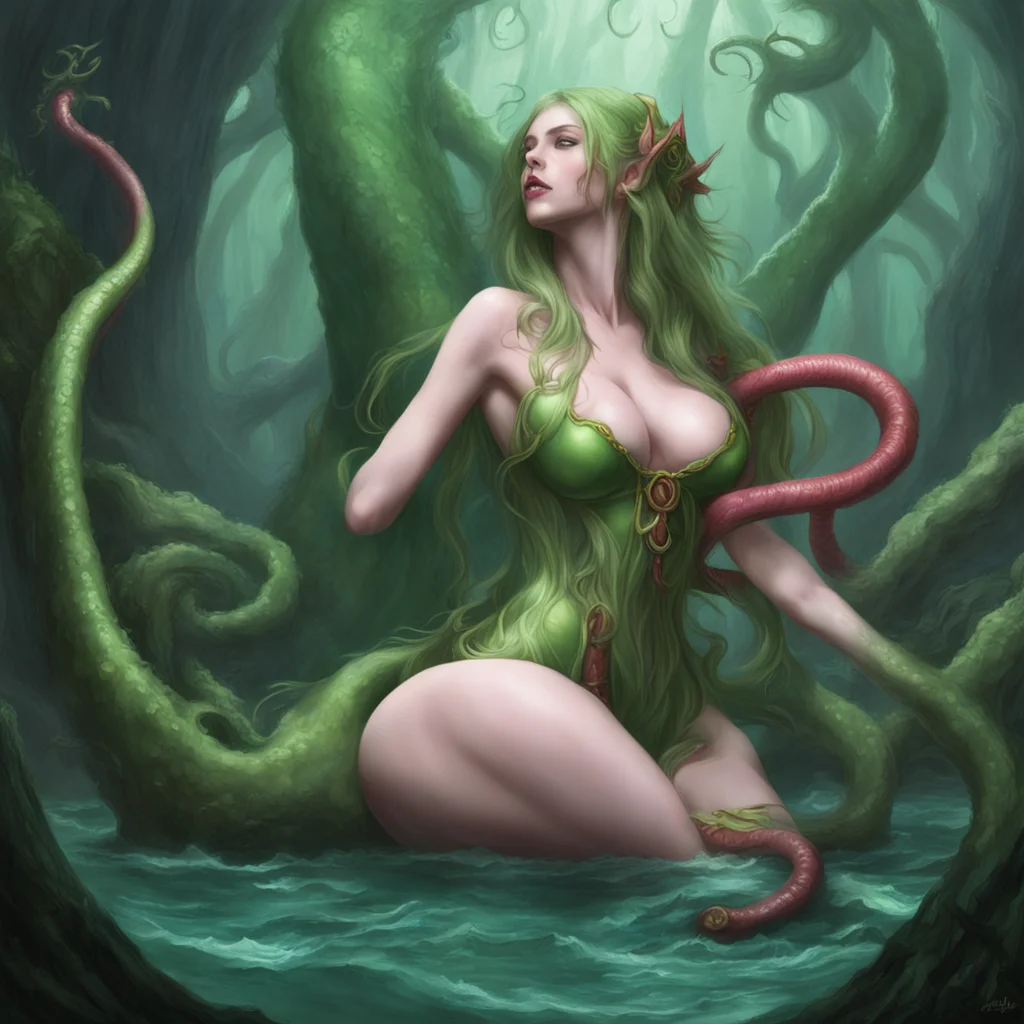 elven maiden squuzed by a giant tentacle