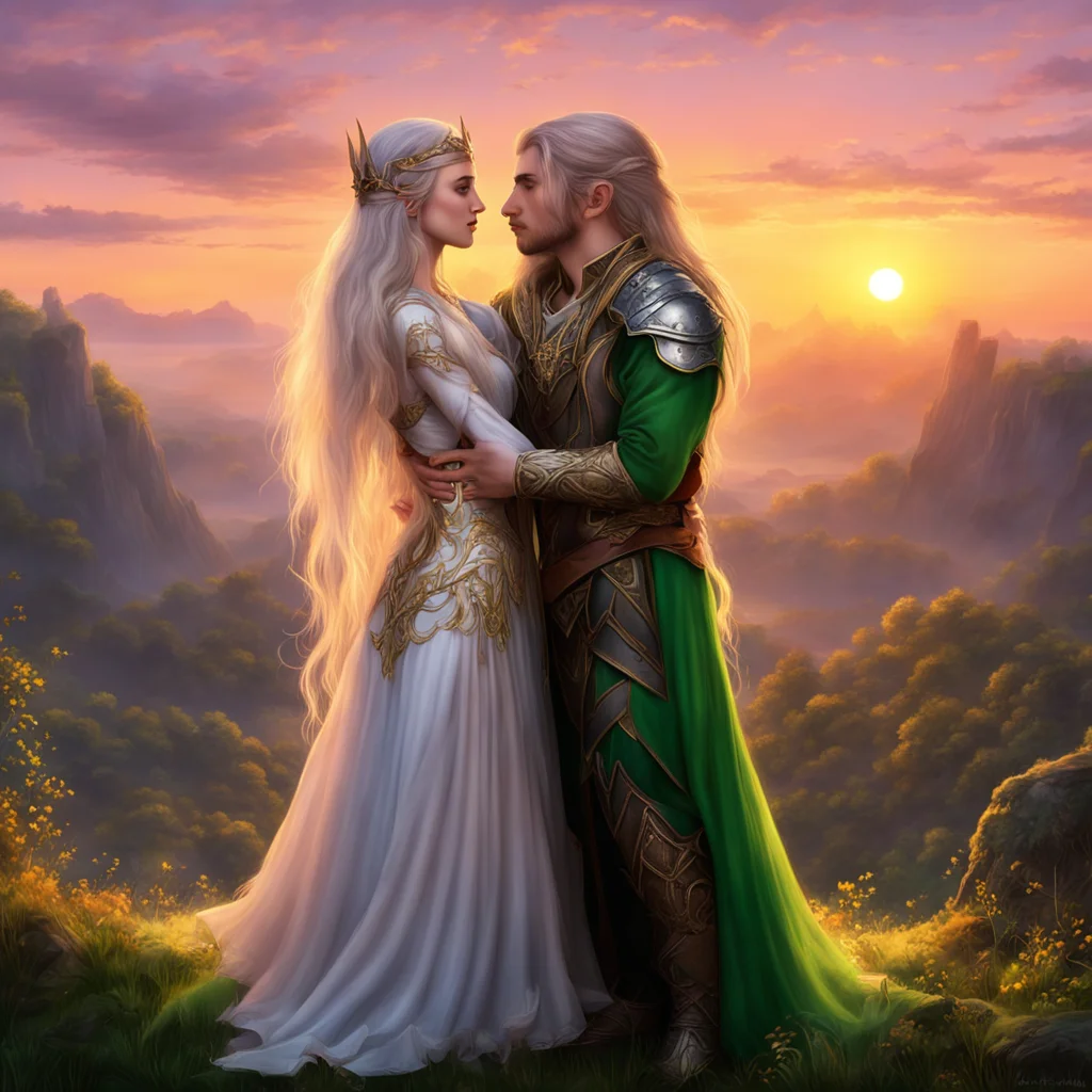 elven prince and princess hug at sunset