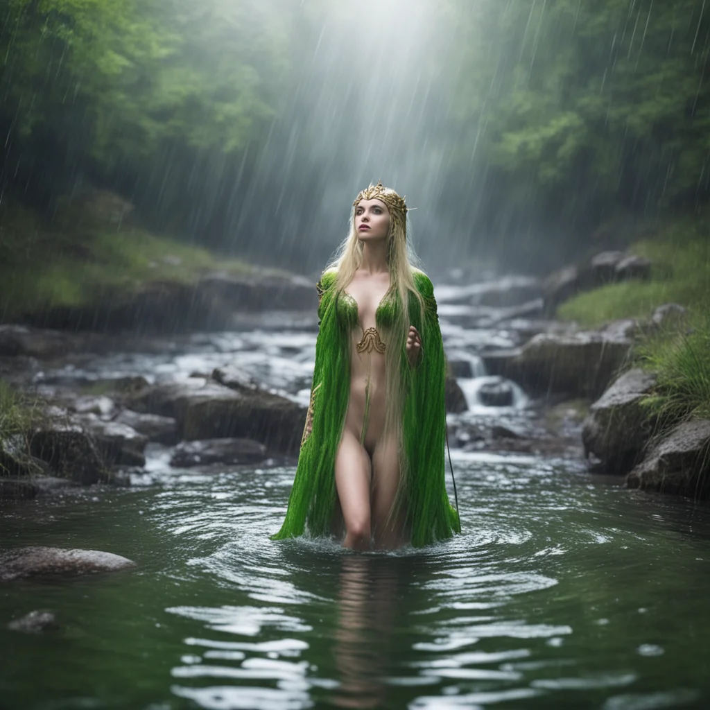 elven princess baths in river while it rains