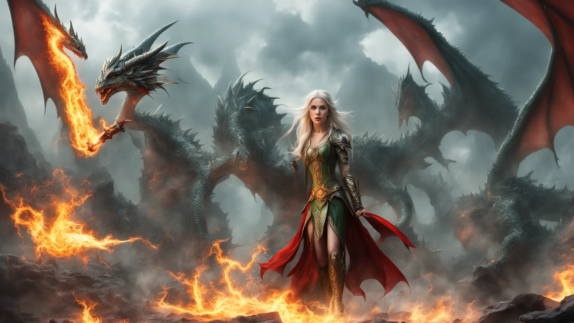 elven princess casts a spell in front of attacking dragon wide
