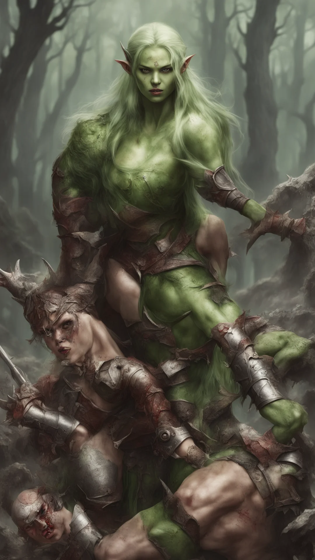 elven princess is wounded by orc in a fight amazing awesome portrait 2 tall