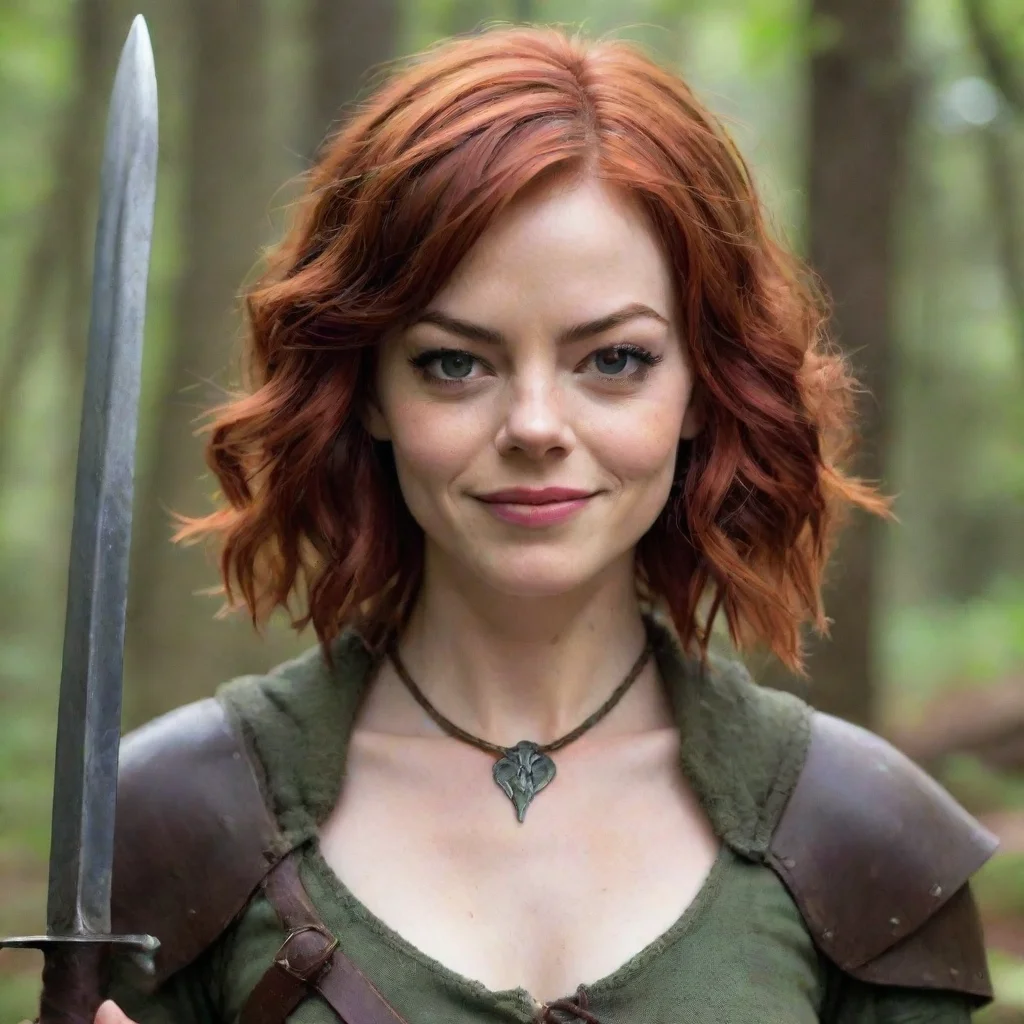 emma stone as a druid rogue dnd red hair beautiful petite dagger strapped to her body symmetrical face grinning mischiev short hair