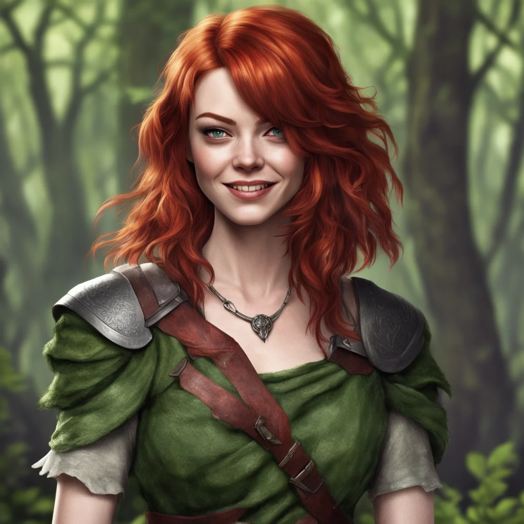 emma stone as a druid rogue dnd red hair beautiful petite dagger strapped to her body symmetrical face grinning mischiev