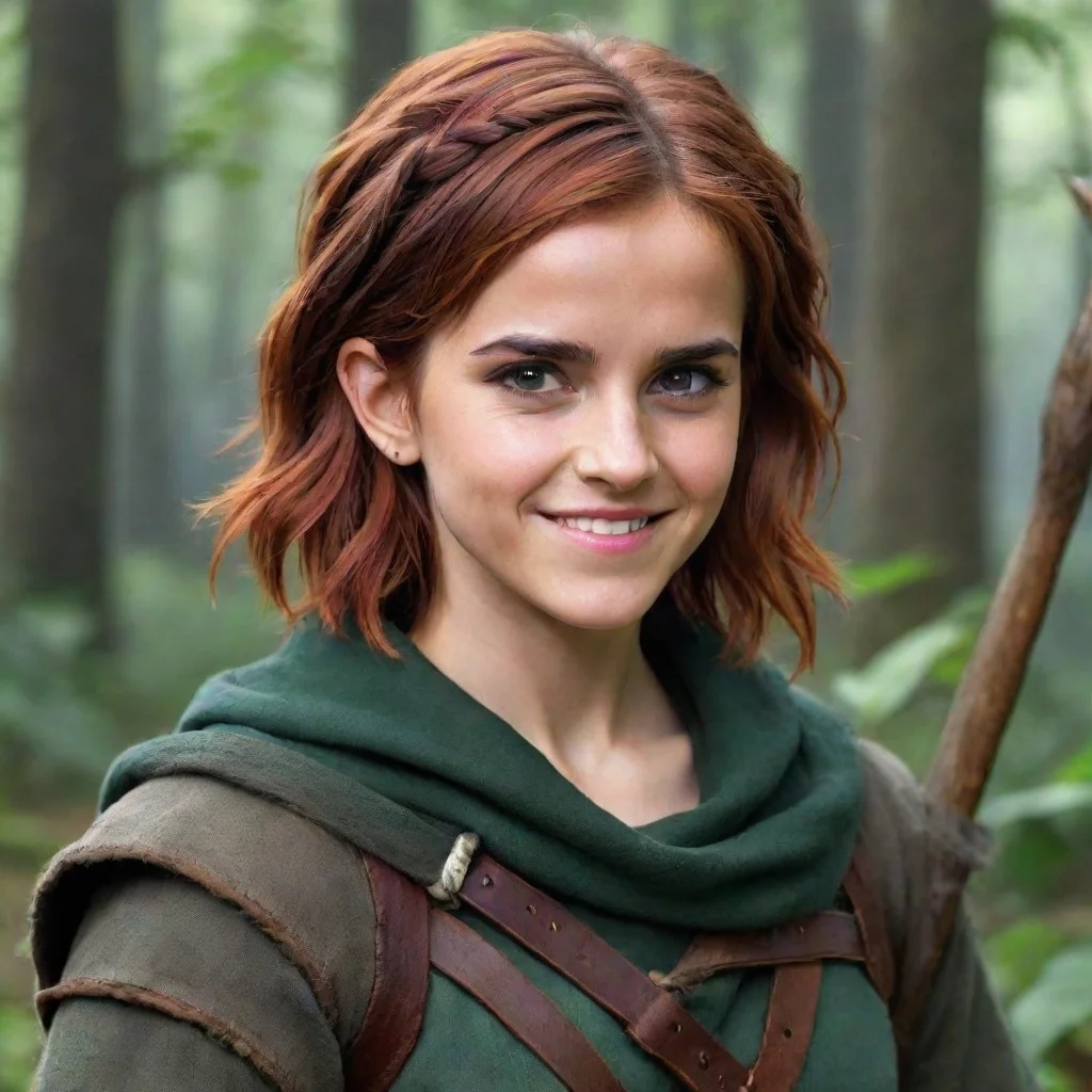 emma watson as a druid rogue dnd short red hair beautiful petite symmetrical face grinning mischiev