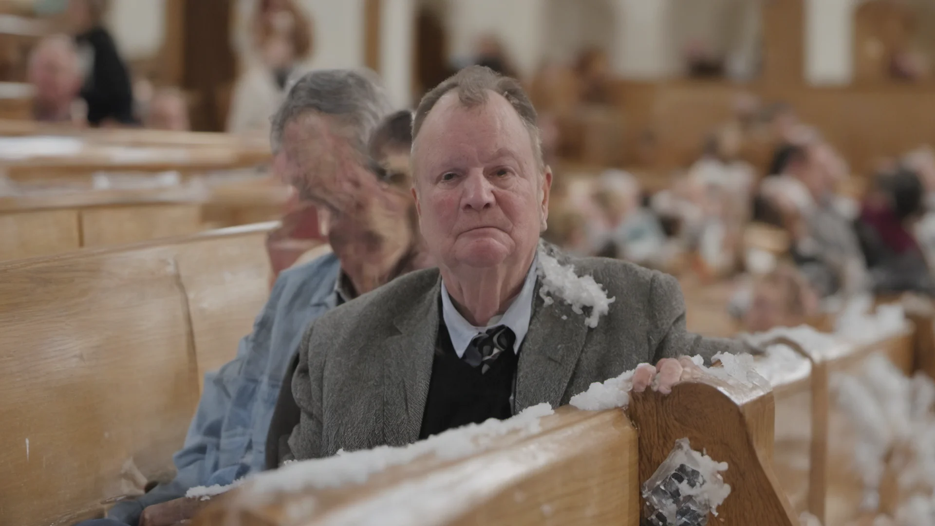endeavor photographic of new england parishioner sitting on pew of church that just got air conditioning that is so cold there are icicles forming on his brow amazing awesome portrait 2 wide