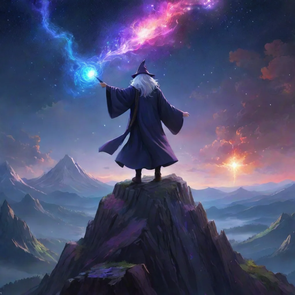 epic anime artwork of a wizard atop a mountain at night casting a cosmic spell into the dark sky that says %22stable diffusion 3%22 made out of colorful energy