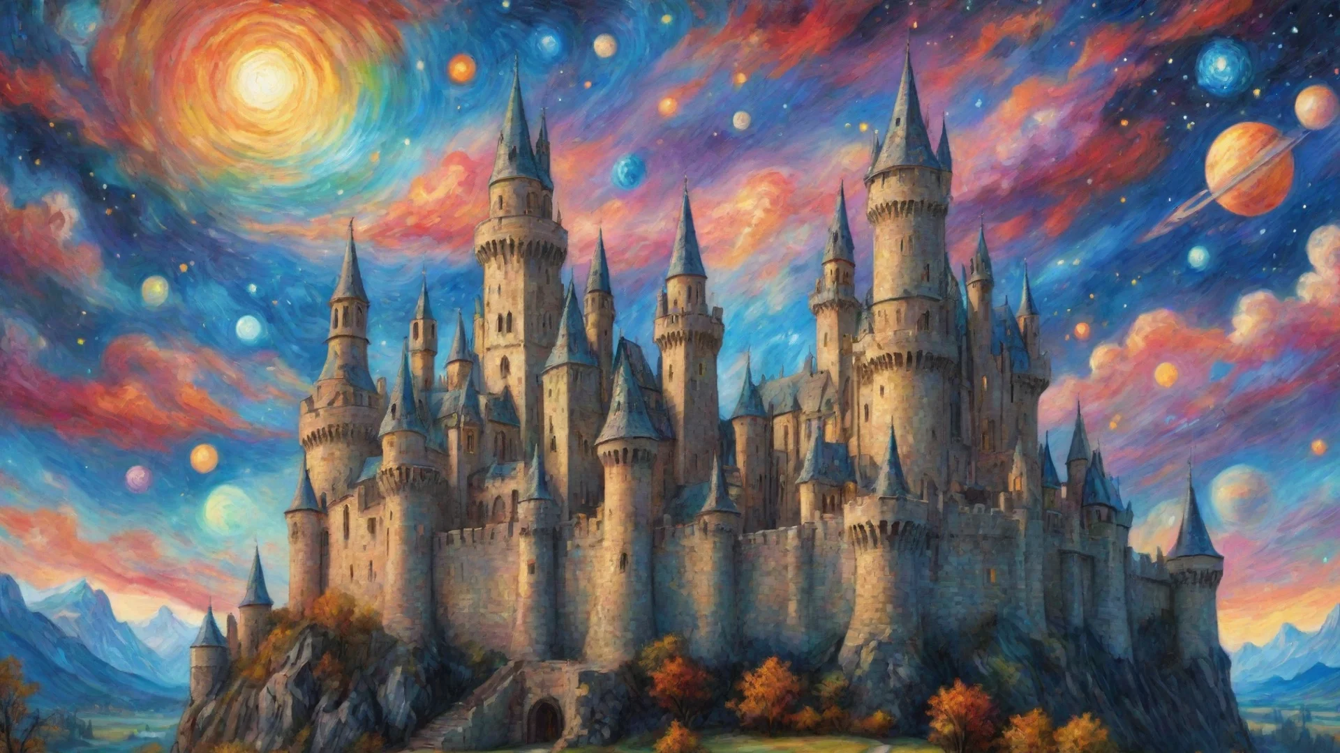 epic castle with colorful artistic sky planets van gogh style detailed hd asthetic castle wide