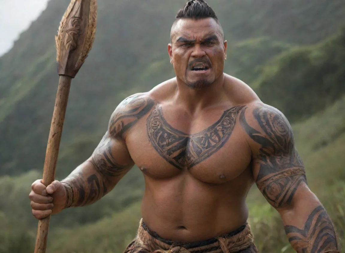 aiepic character strong haka kind hearted warrior pacific islander new zealand maori wooden spear hd wow realistic  landscape43