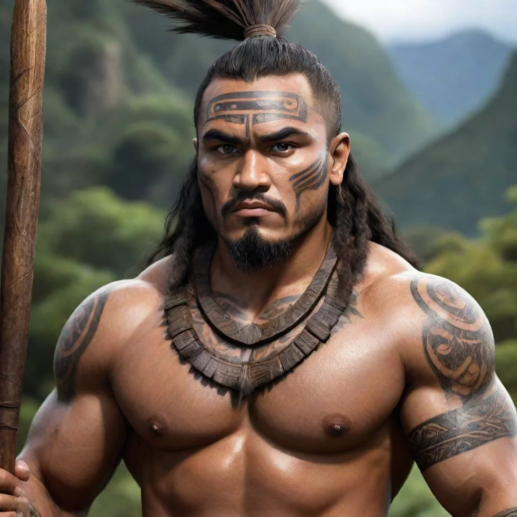 aiepic character strong kind hearted warrior pacific islander new zealand maori wooden spear hd wow realistic 