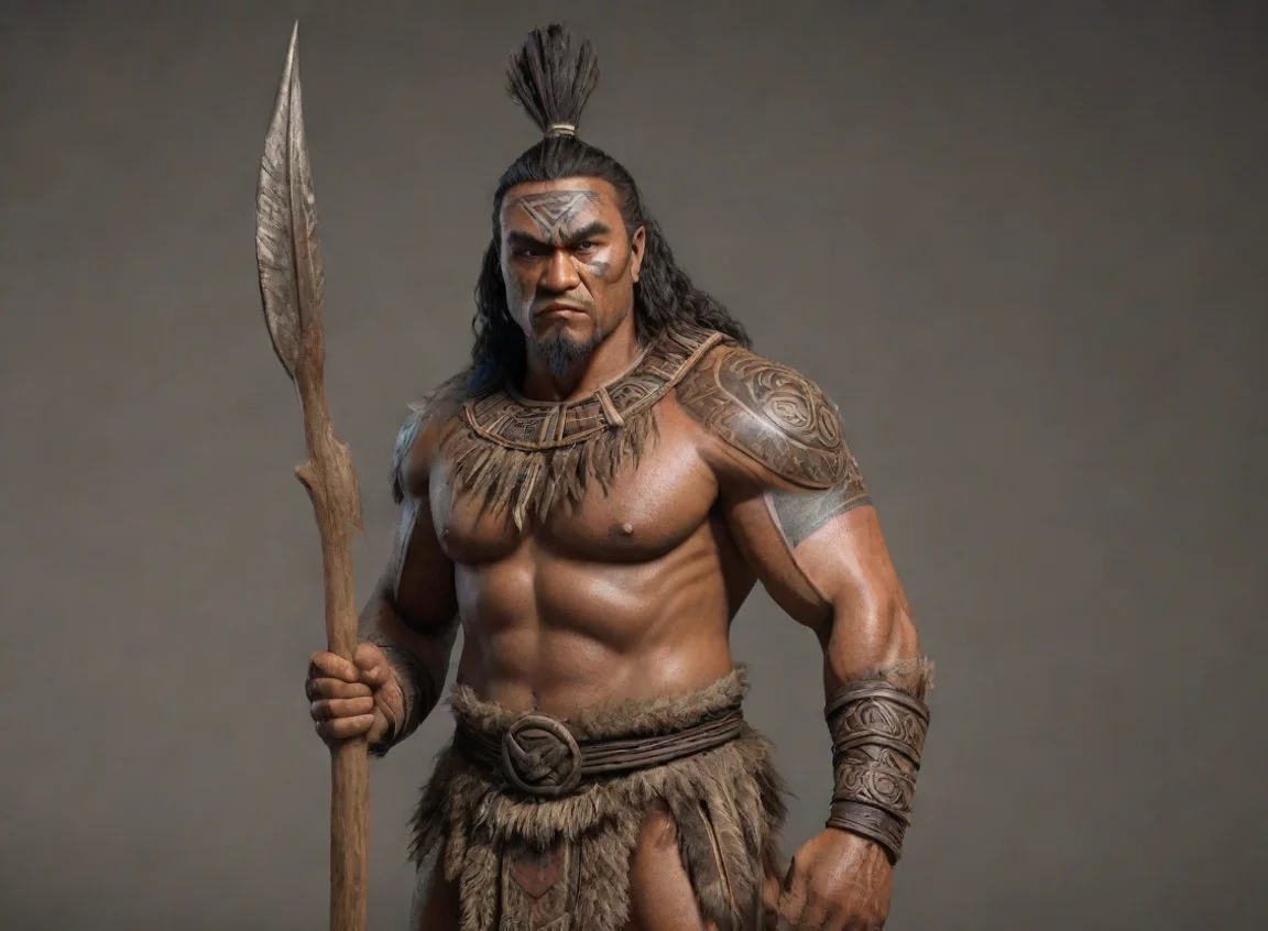 aiepic character strong warrior pacific islander new zealand maori wooden spear hd wow realistic  landscape43