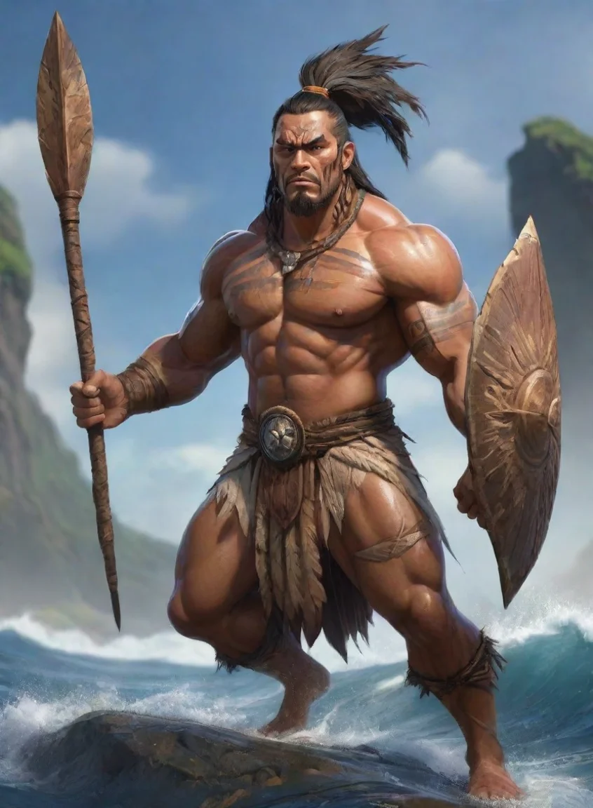epic character strong warrior pacific islander wooden spear hd wow artstation landscape43