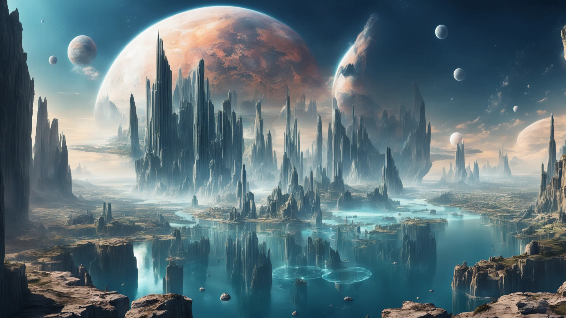 aiepic city on cliffs water surrounding%2C giant crystal formation stretching into space%2C large planet overhead with rings of saturn amazing awesome portrait 2 wide