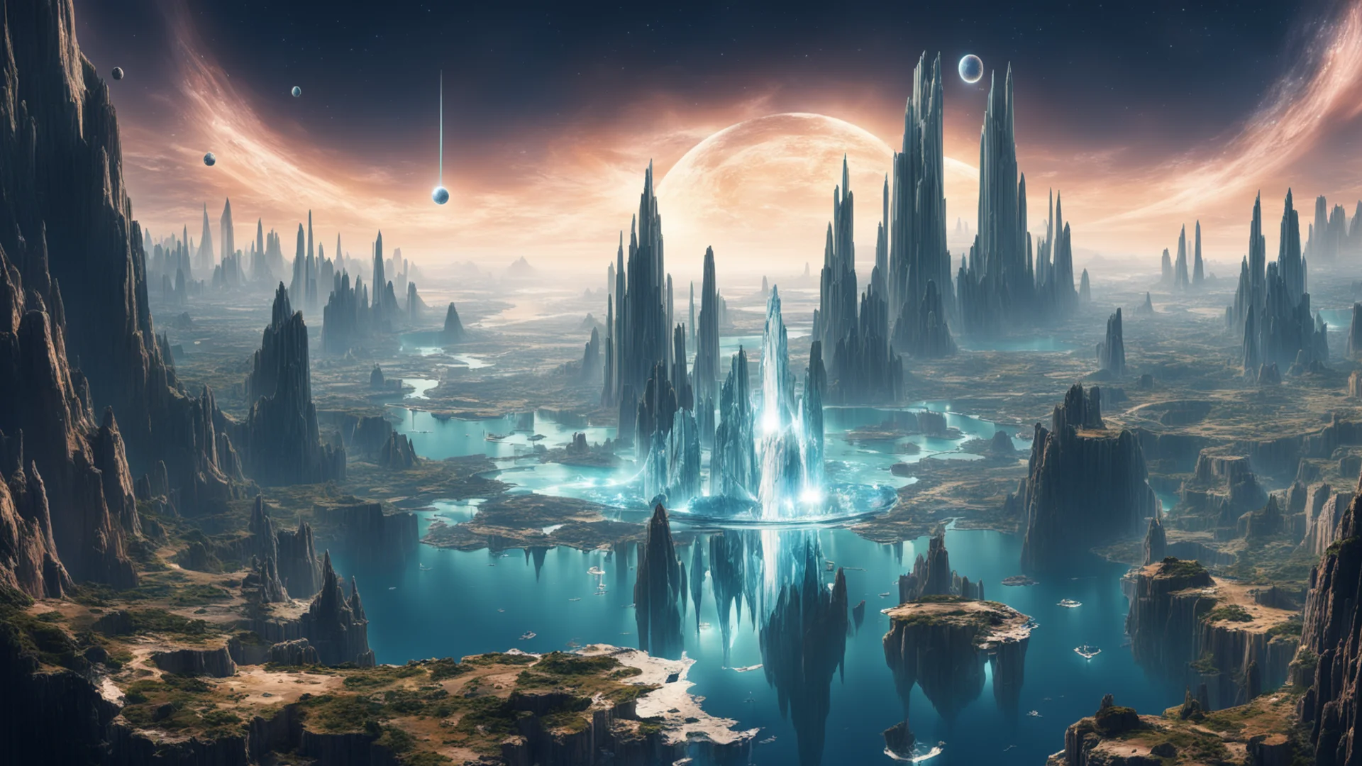 aiepic city on cliffs water surrounding%2C giant crystal formation stretching into space%2C large planet overhead with rings of saturn confident engaging wow artstation art 3 wide