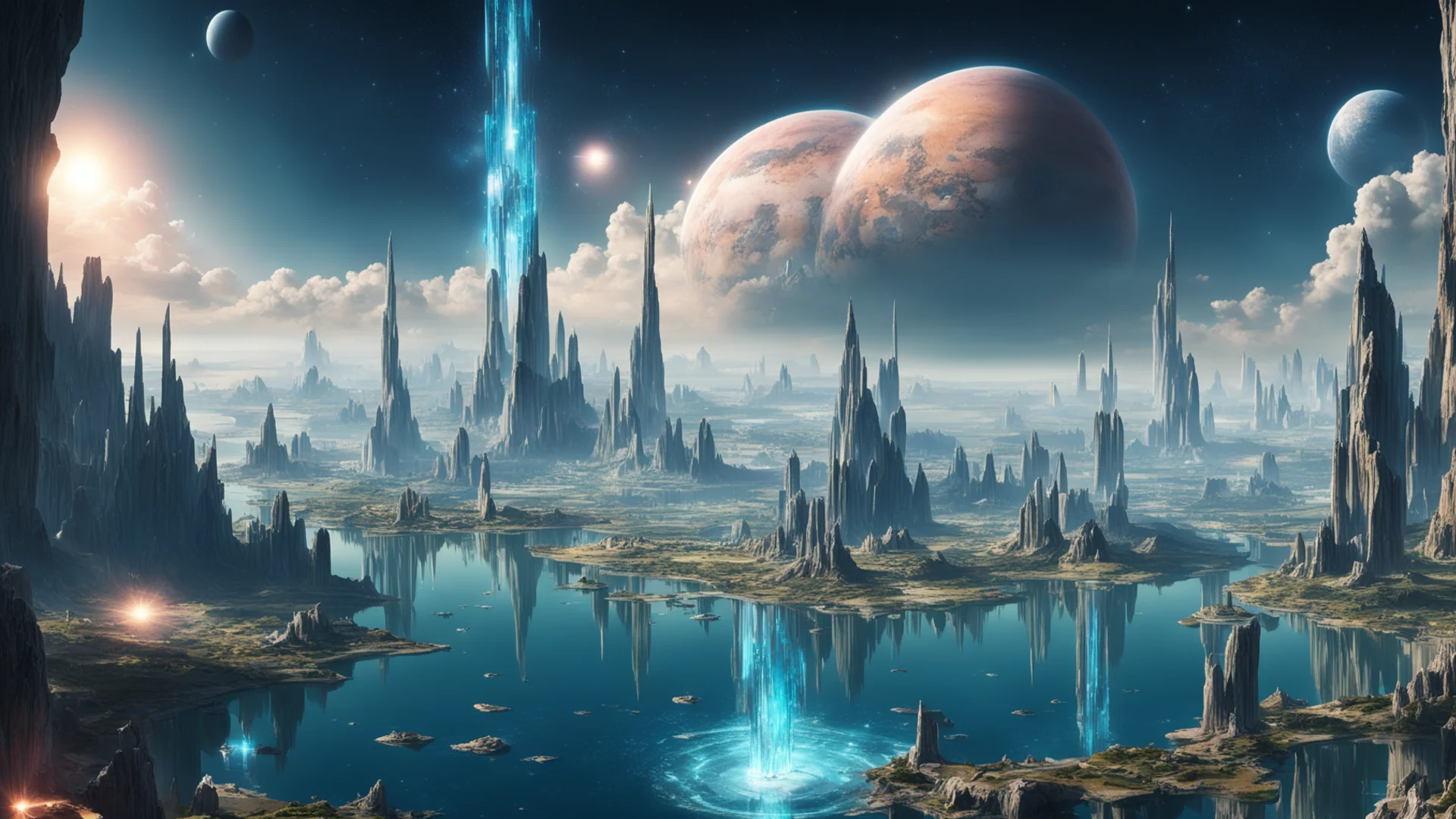 aiepic city on cliffs water surrounding%2C giant crystal formation stretching into space%2C large planet overhead with rings of saturn good looking trending fantastic 1 wide