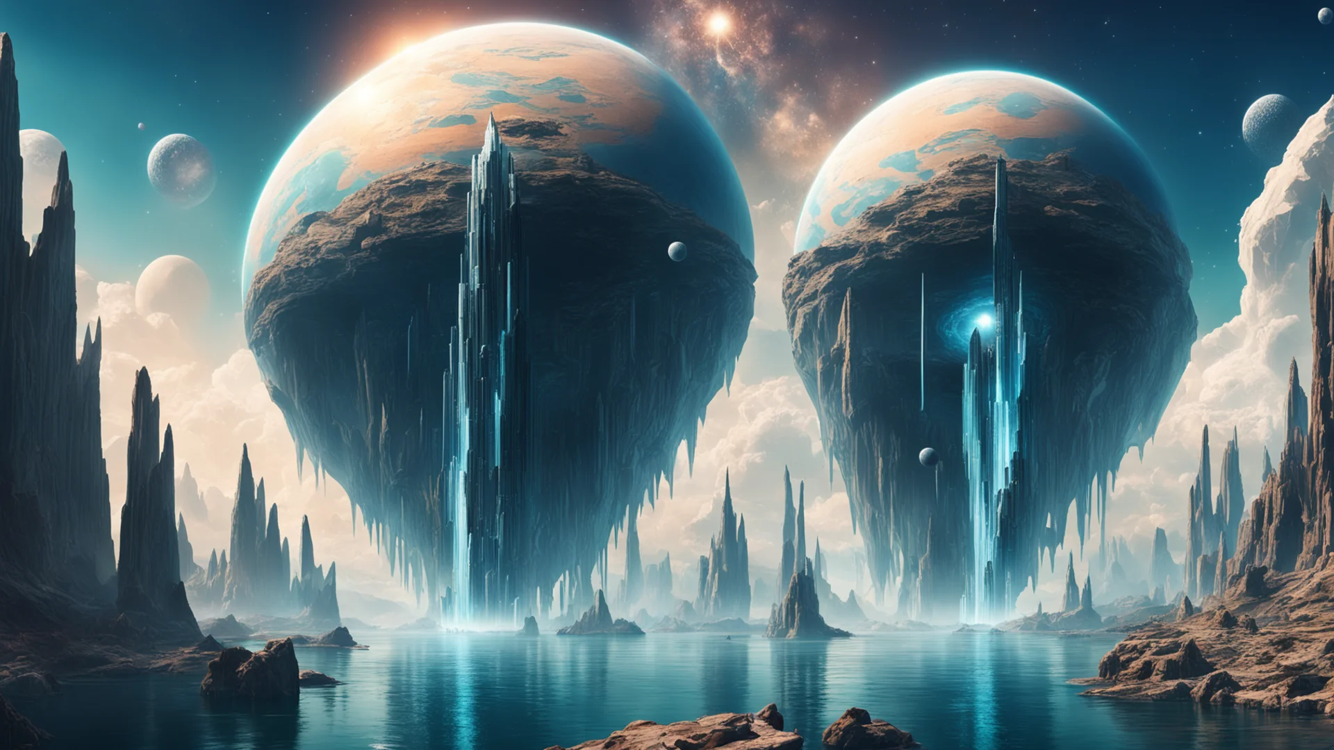 aiepic city on cliffs water surrounding%2C giant crystal formation stretching into space%2C large planet overhead with rings of saturn wide