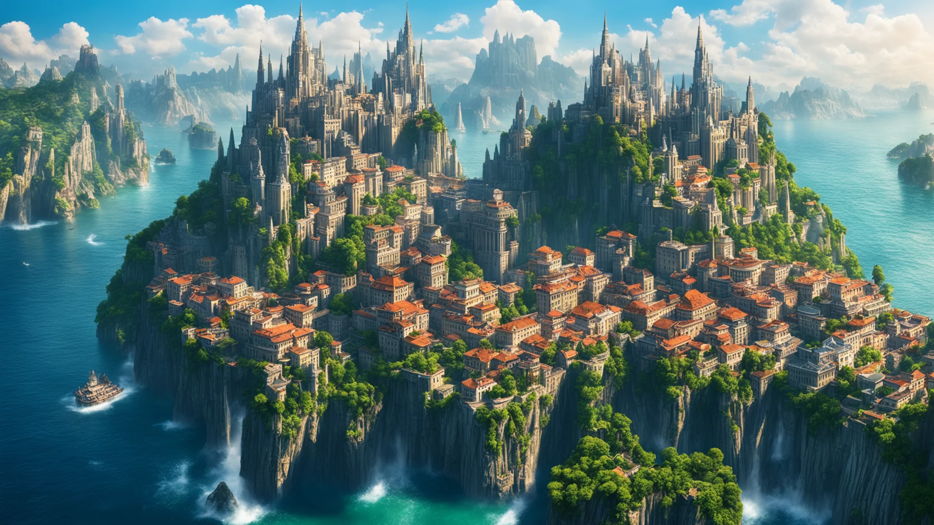 aiepic city on cliffs water surrounding%2C giant magic city amazing awesome portrait 2 wide