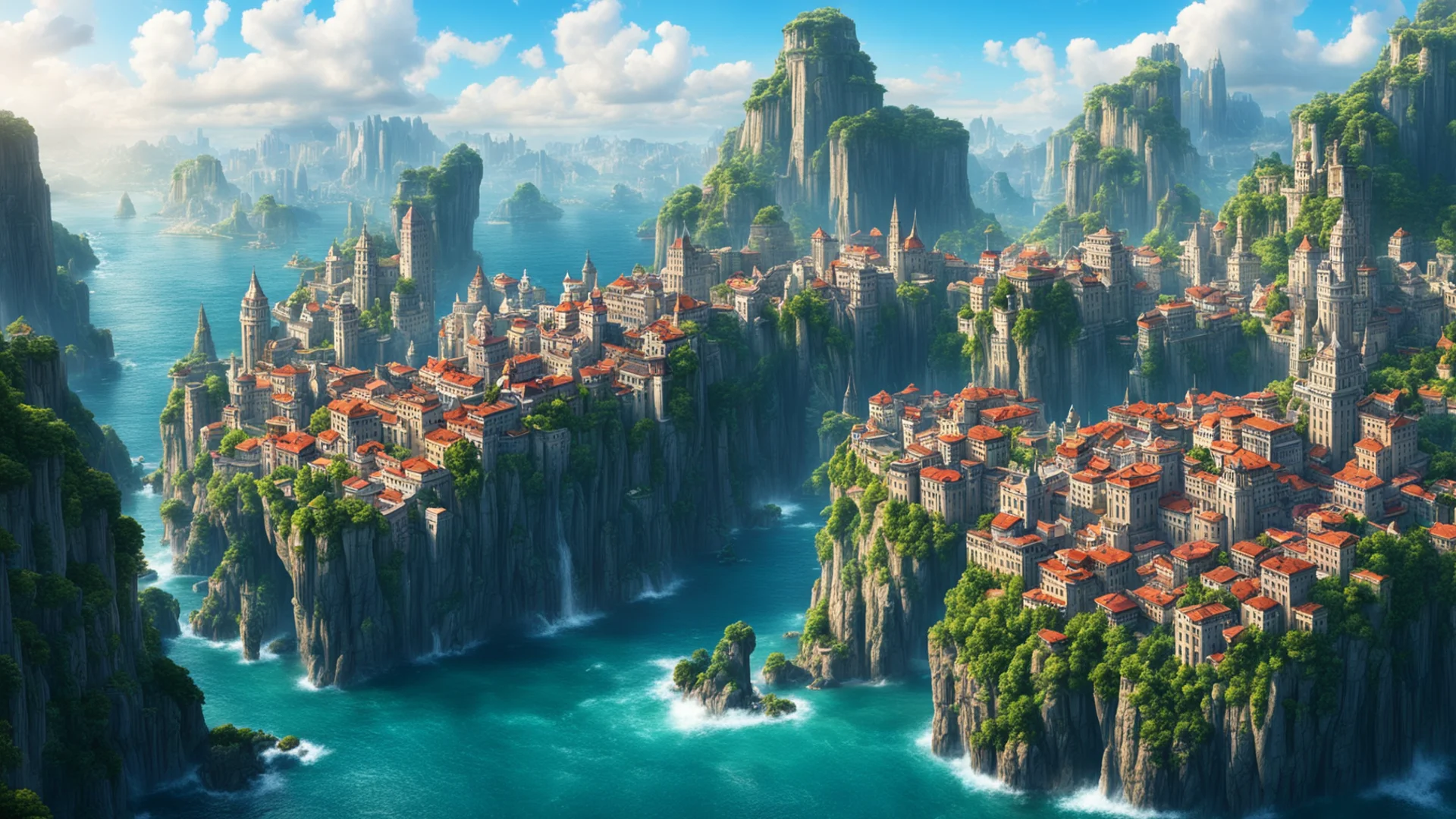 aiepic city on cliffs water surrounding%2C giant magic city confident engaging wow artstation art 3 wide