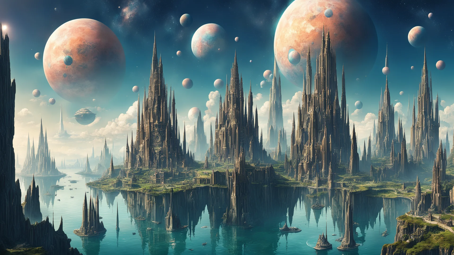aiepic city on cliffs water surrounding steampunk tall spires giant crystal%2C large planets overhead with rings of saturn amazing awesome portrait 2 wide
