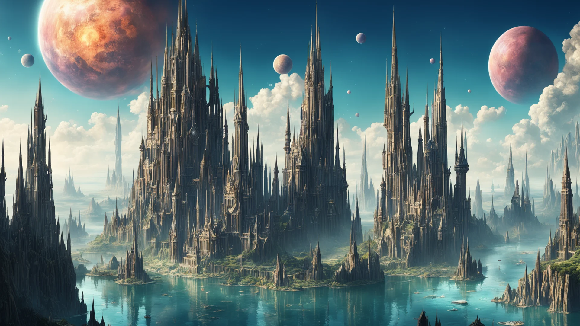 aiepic city on cliffs water surrounding steampunk tall spires giant crystal%2C large planets overhead with rings of saturn confident engaging wow artstation art 3 wide