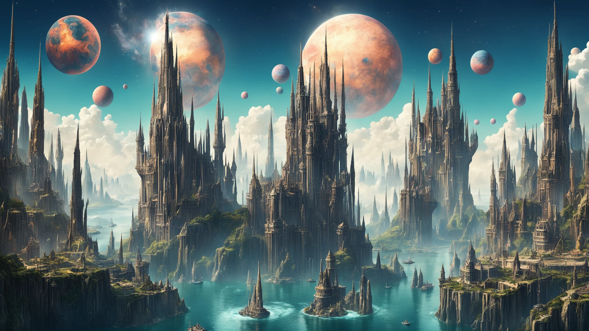 aiepic city on cliffs water surrounding steampunk tall spires giant crystal%2C large planets overhead with rings of saturn good looking trending fantastic 1 wide