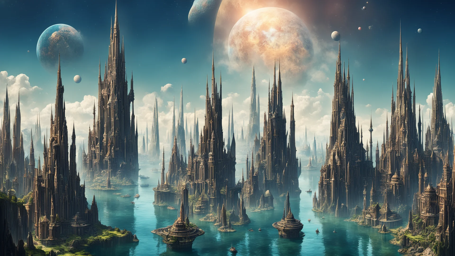 aiepic city on cliffs water surrounding steampunk tall spires giant crystal%2C large planets overhead with rings of saturn wide