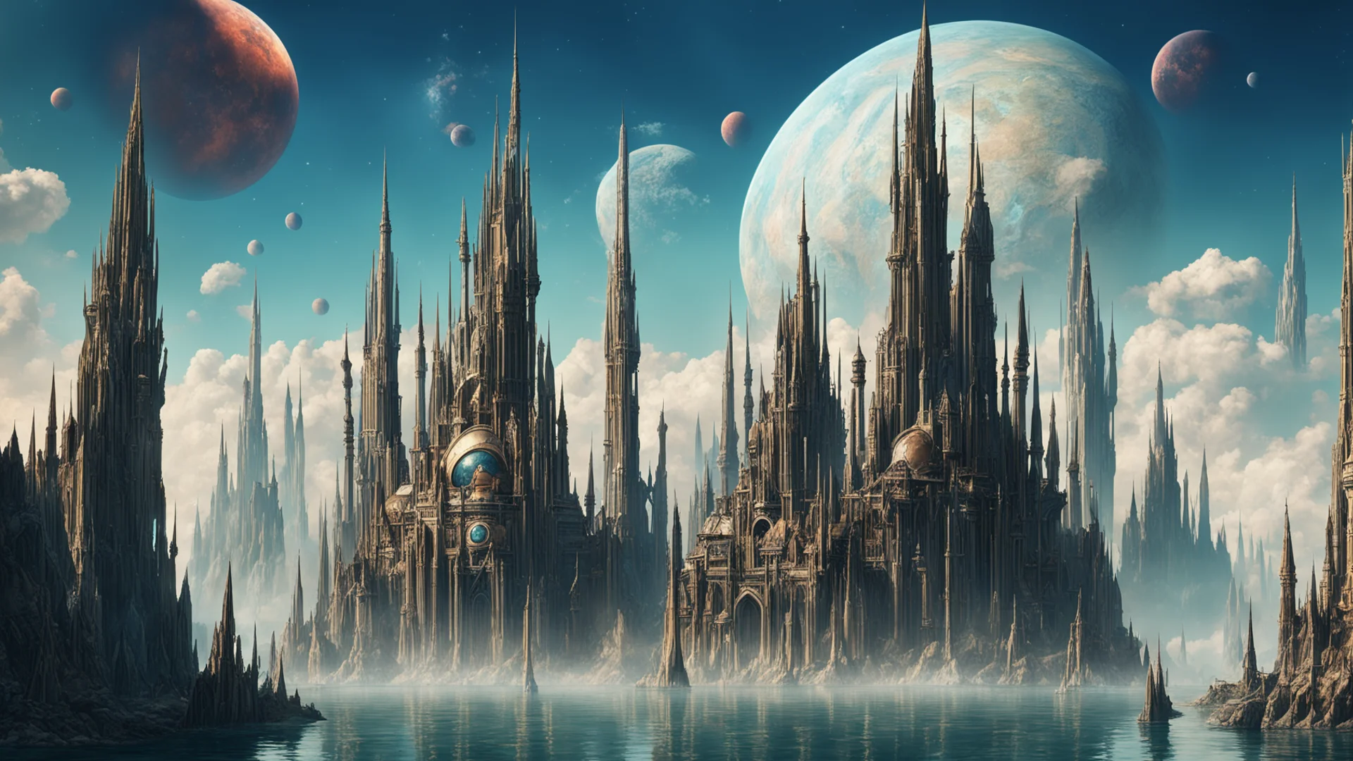 aiepic city on clifs water surrounding steampunk tall spires giant crystal%2C large planets overhead with rings of saturn amazing awesome portrait 2 wide