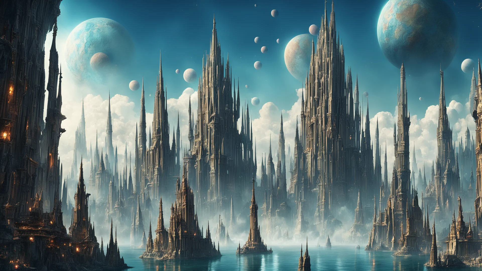 aiepic city on clifs water surrounding steampunk tall spires giant crystal%2C large planets overhead with rings of saturn good looking trending fantastic 1 wide