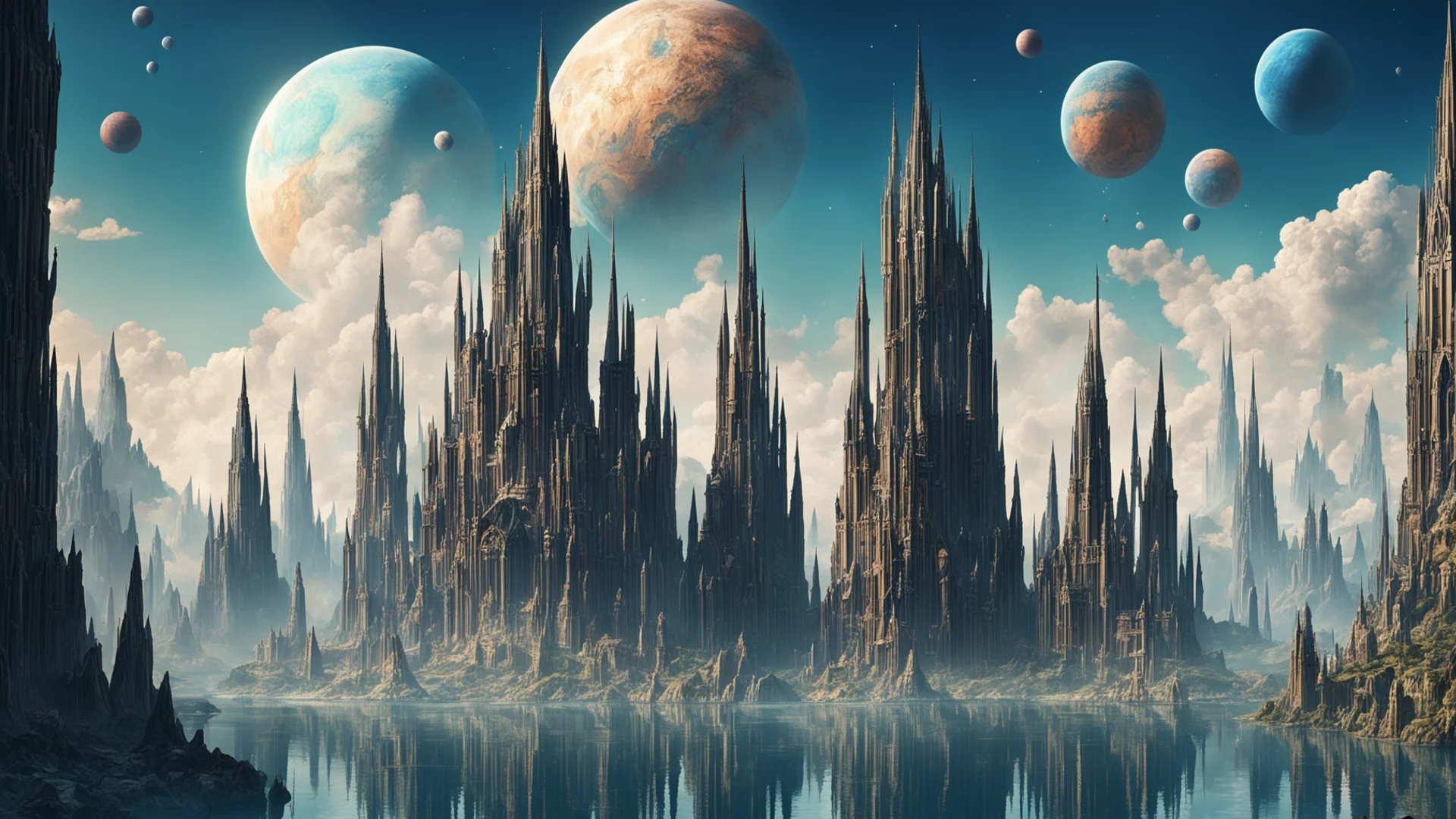 aiepic city on clifs water surrounding steampunk tall spires giant crystal%2C large planets overhead with rings of saturn wide