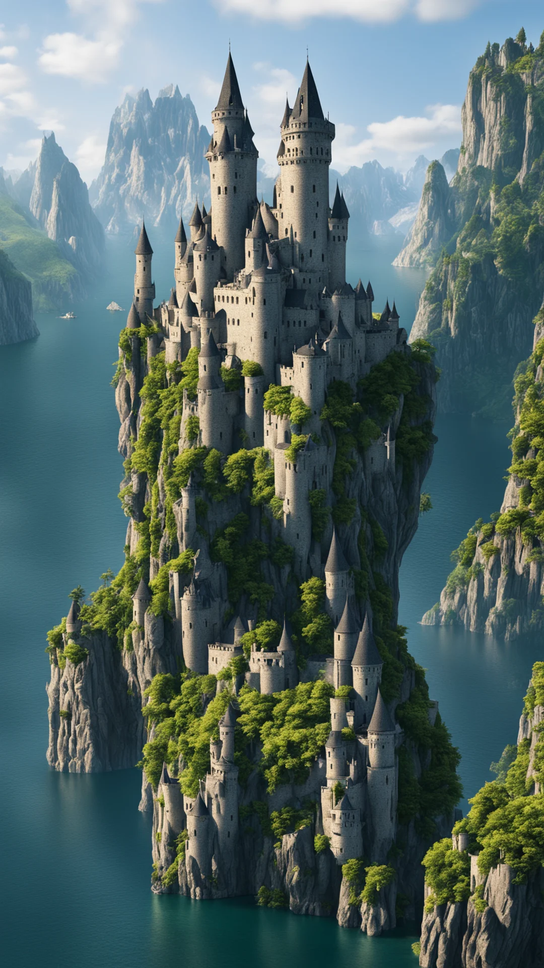 epic cliffs castle over lake large spiraling towers on castle epic shot realistic amazing awesome portrait 2 tall
