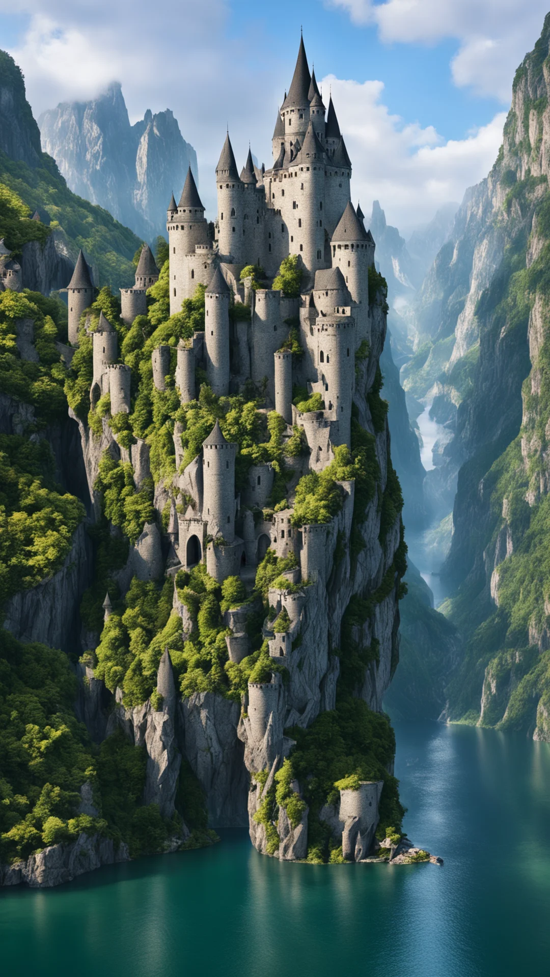 epic cliffs castle over lake large spiraling towers on castle epic shot realistic confident engaging wow artstation art 3 tall