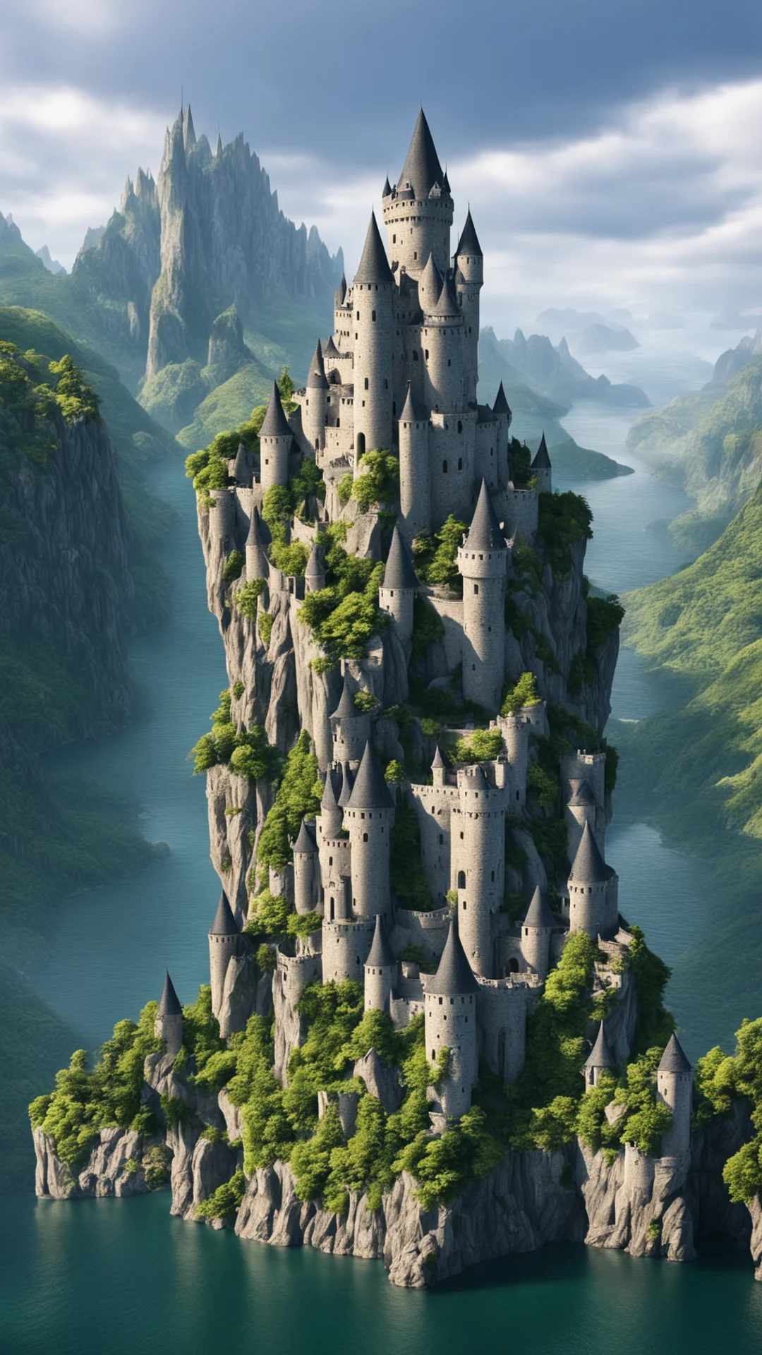 epic cliffs castle over lake large spiraling towers on castle epic shot realistic good looking trending fantastic 1 tall