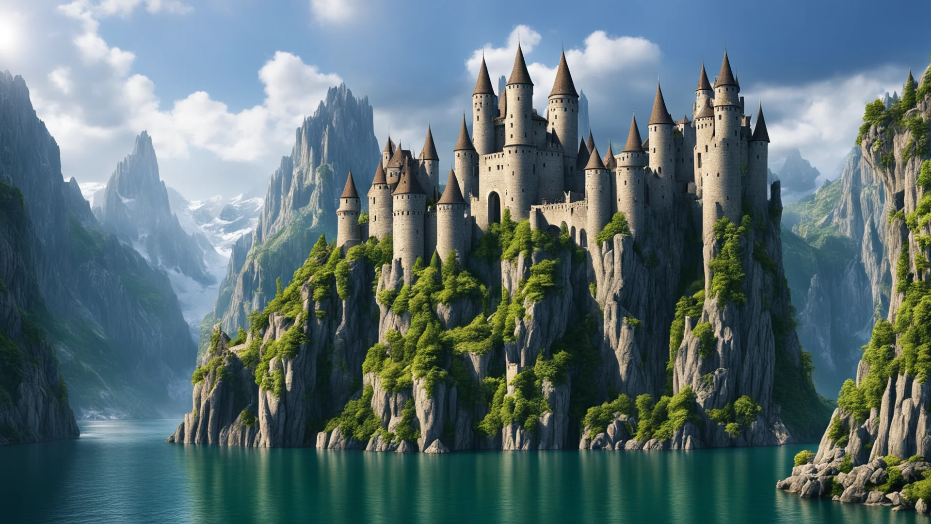 epic cliffs castle over lake large spiraling towers on castle epic shot realistic unreal trending amazing awesome portrait 2 wide