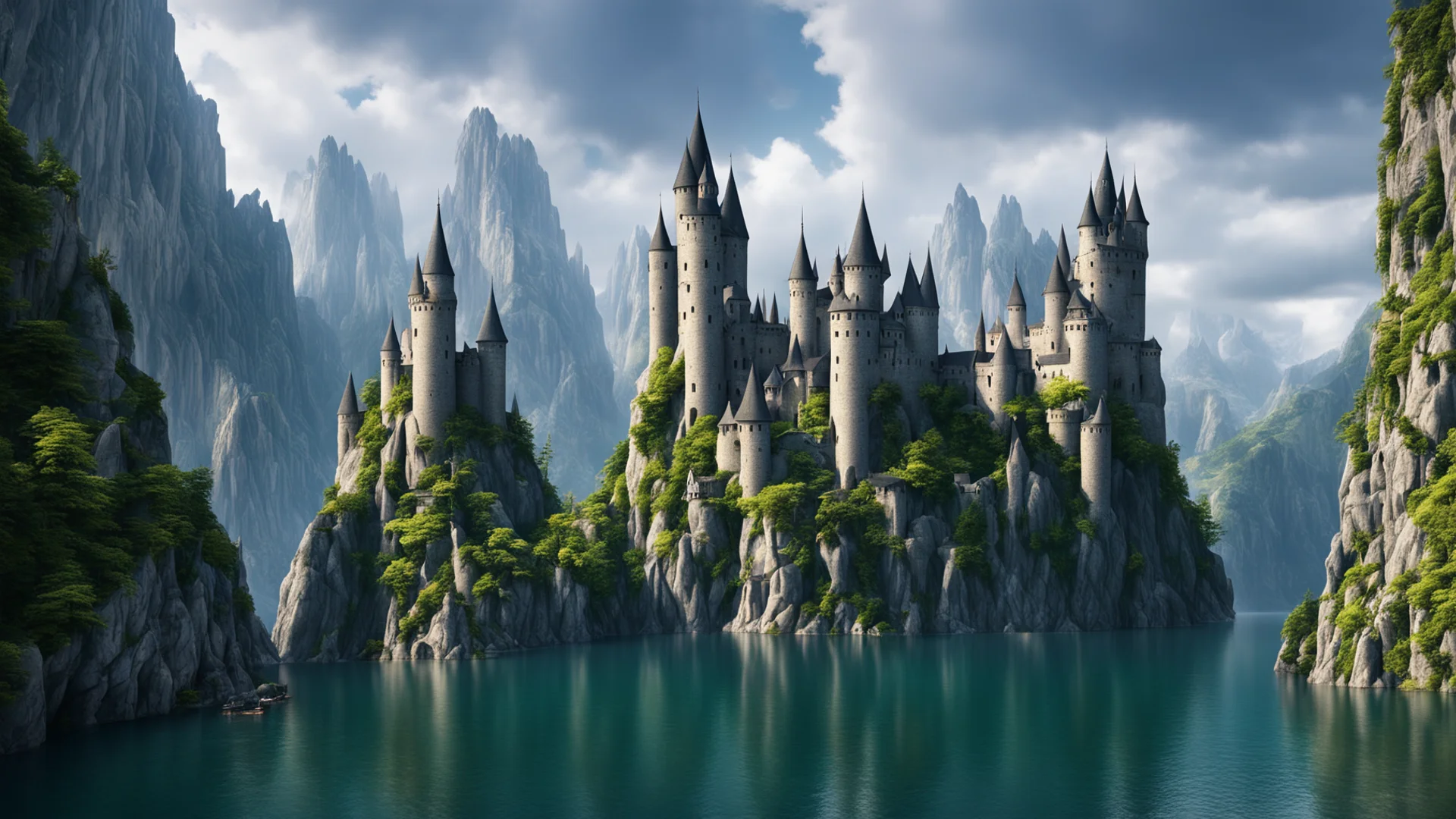 epic cliffs castle over lake large spiraling towers on castle epic shot realistic unreal trending confident engaging wow artstation art 3 wide