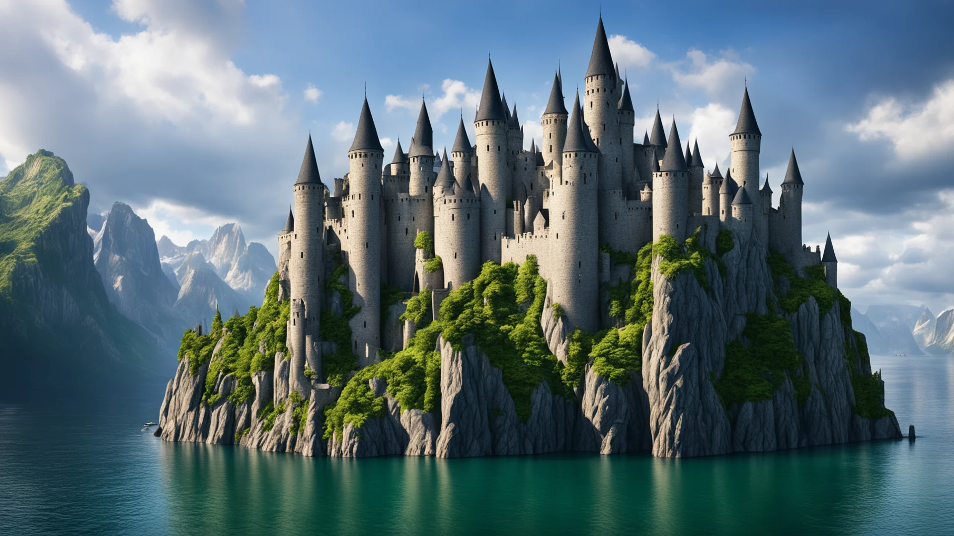 epic cliffs castle over lake large spiraling towers on castle epic shot realistic unreal trending good looking trending fantastic 1 wide